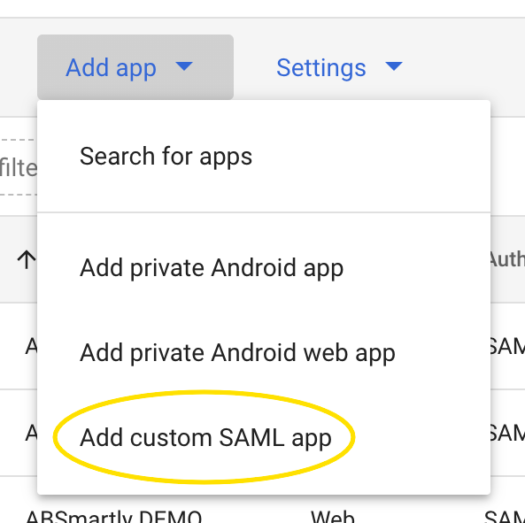 Google Admin Console Add custom SAML app button