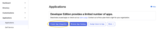Okta Applications page with a Create App Integration button