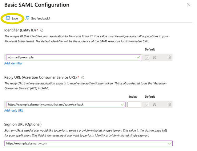 A screenshot of the Basic SAML Configuration panel with the Identifier, Reply URL, and Sign on URL filled in