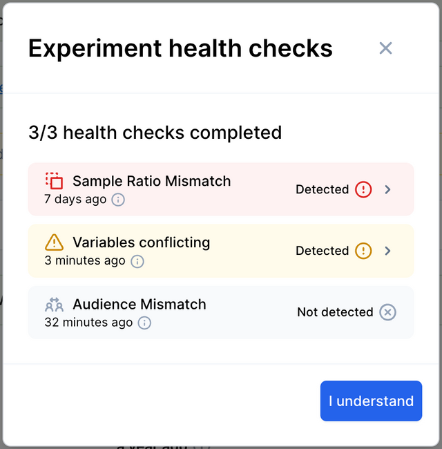 An example of the health checks  panel. In it, a sample ratio mismatch and variable conflicts have been  detected.