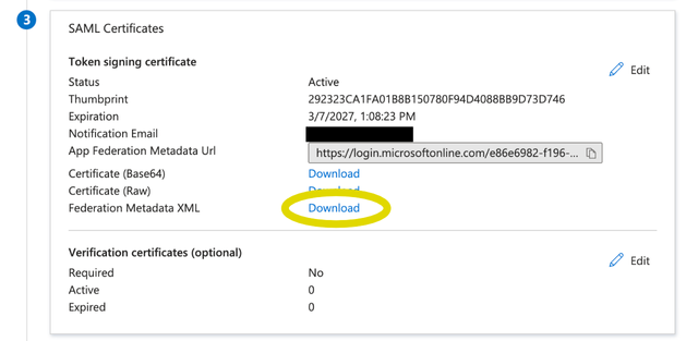 A screenshot of the SAML Certificates section with the Download button highlighted