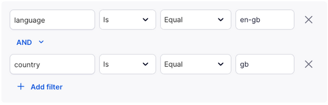 An example of a specified targeting audience. This one is specific to British users and it says, language is equal en-gb and country is equal gb.