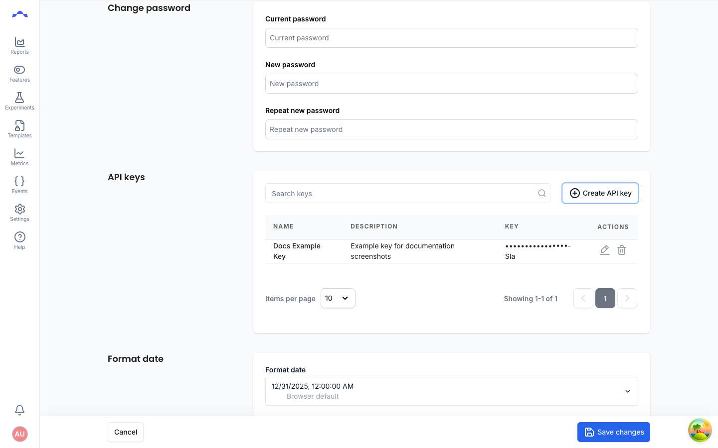 The API keys table showing the newly created key with its name and description, a masked key value, and edit/delete action icons.