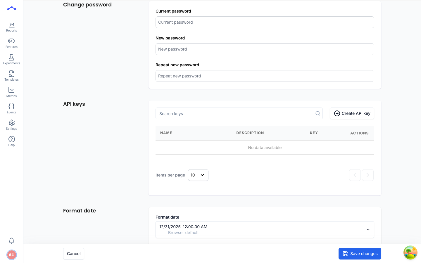 The API keys section of the user profile page, with a search field, a Create API key button, and a table listing existing keys.