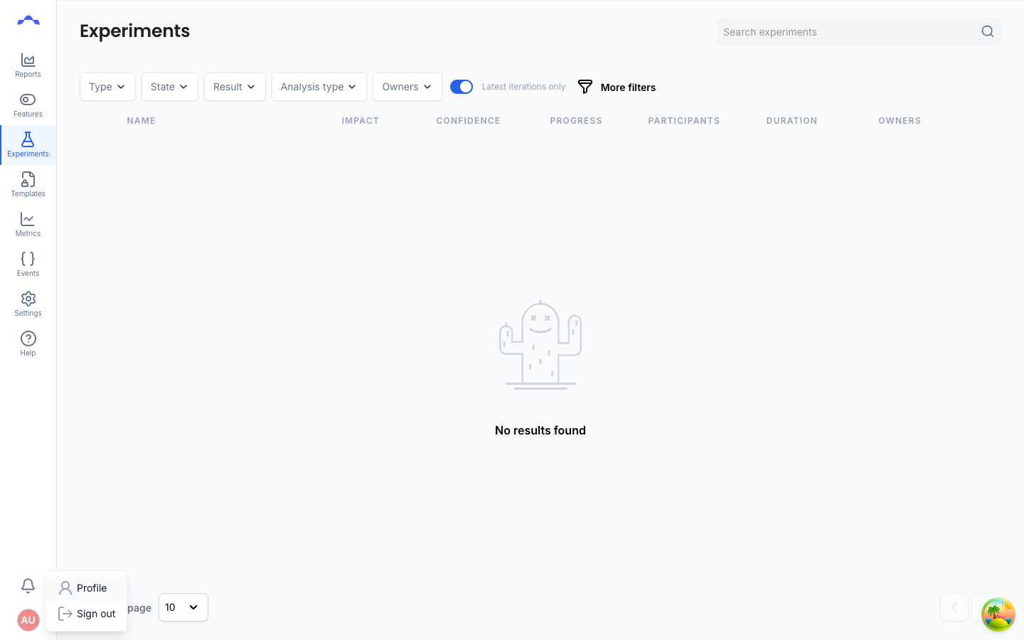 The user avatar menu open, showing a Profile option and a Sign out option.