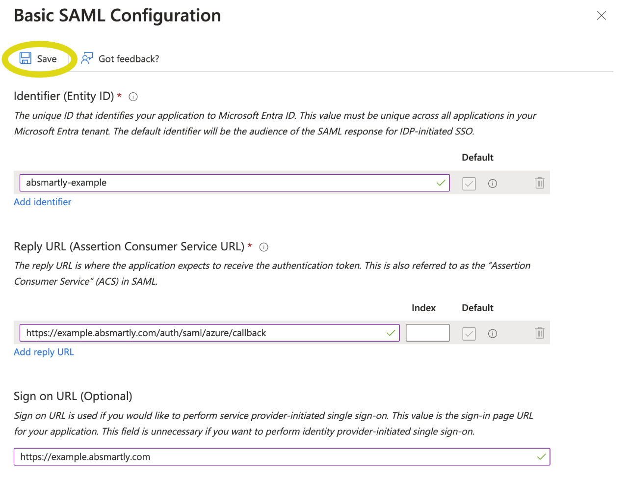 A screenshot of the Basic SAML Configuration panel with the Identifier, Reply URL, and Sign on URL filled in