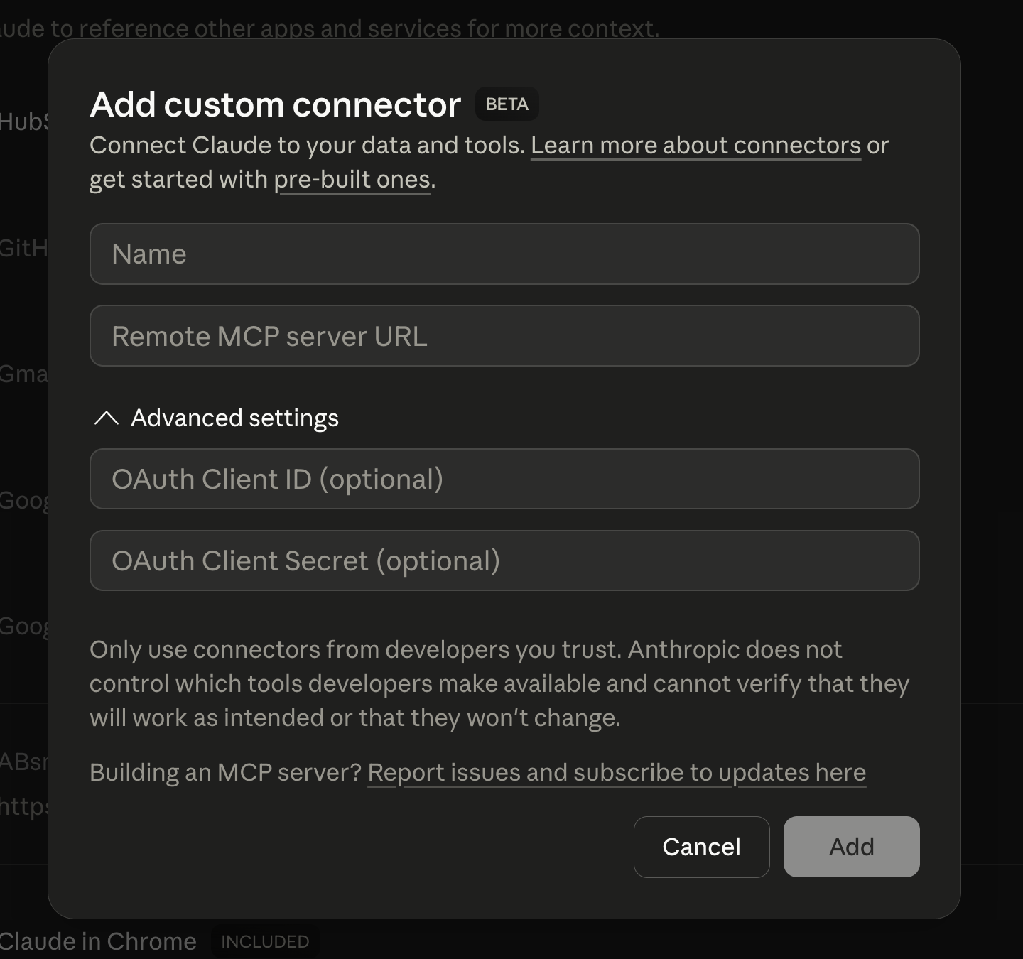 Add custom connector dialog