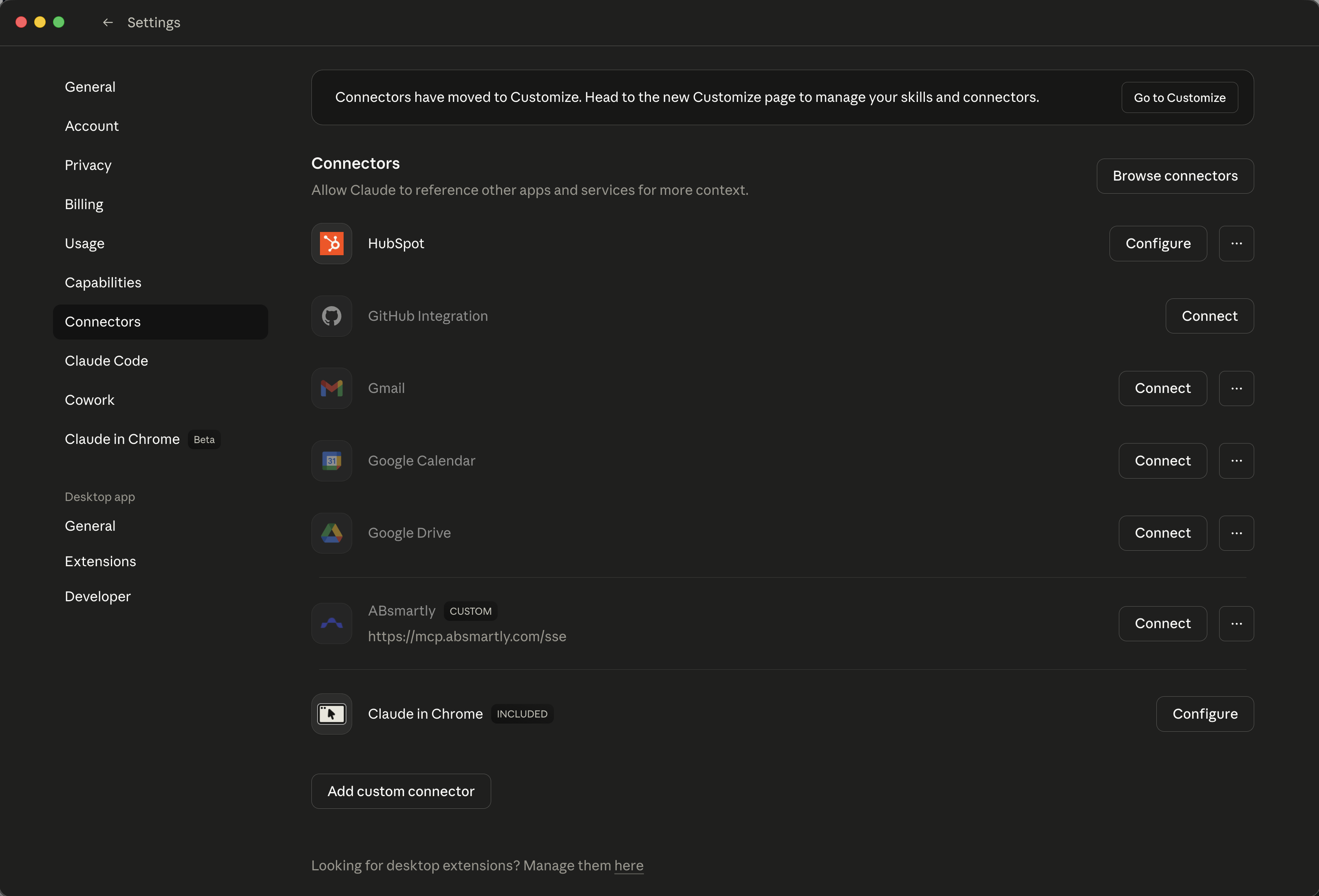 Claude Desktop Connectors settings
