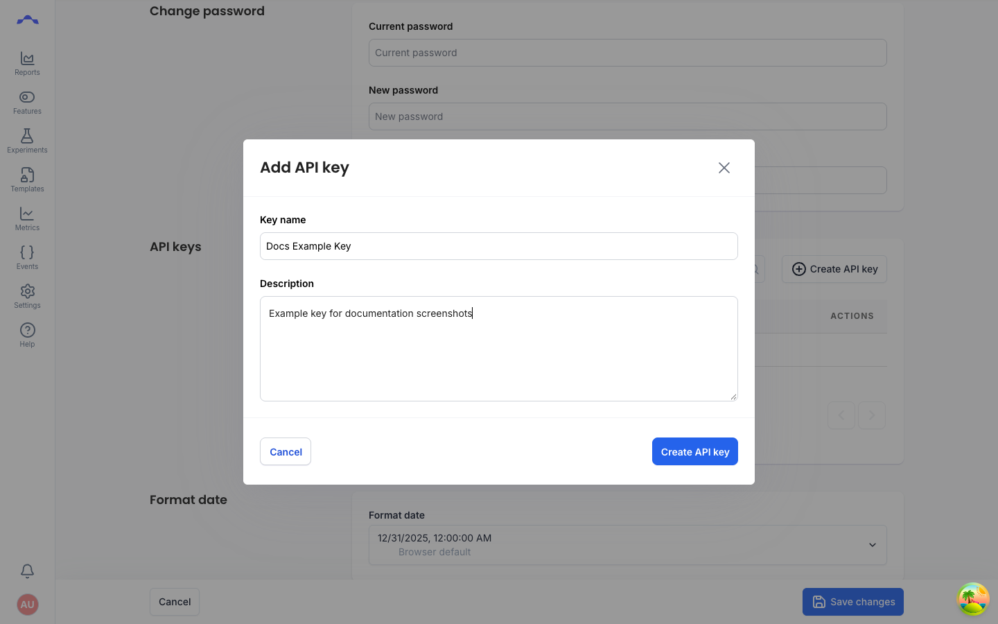 The Add API key dialog filled in with a key name of 'Docs Example Key' and a description.