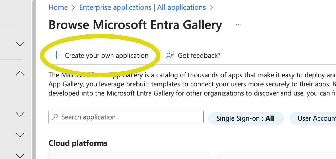 A screenshot of the Create application button