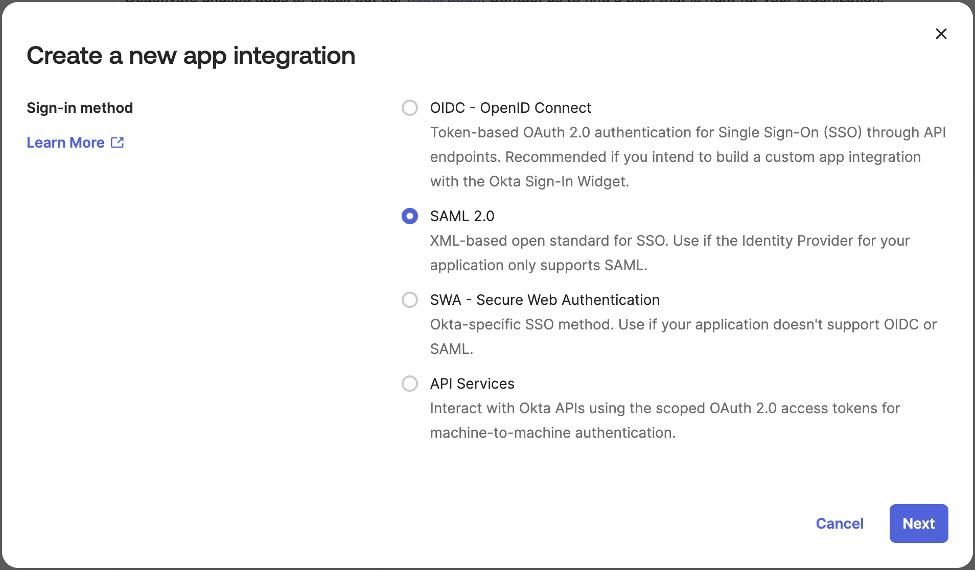 Okta Create New SAML Application dialog