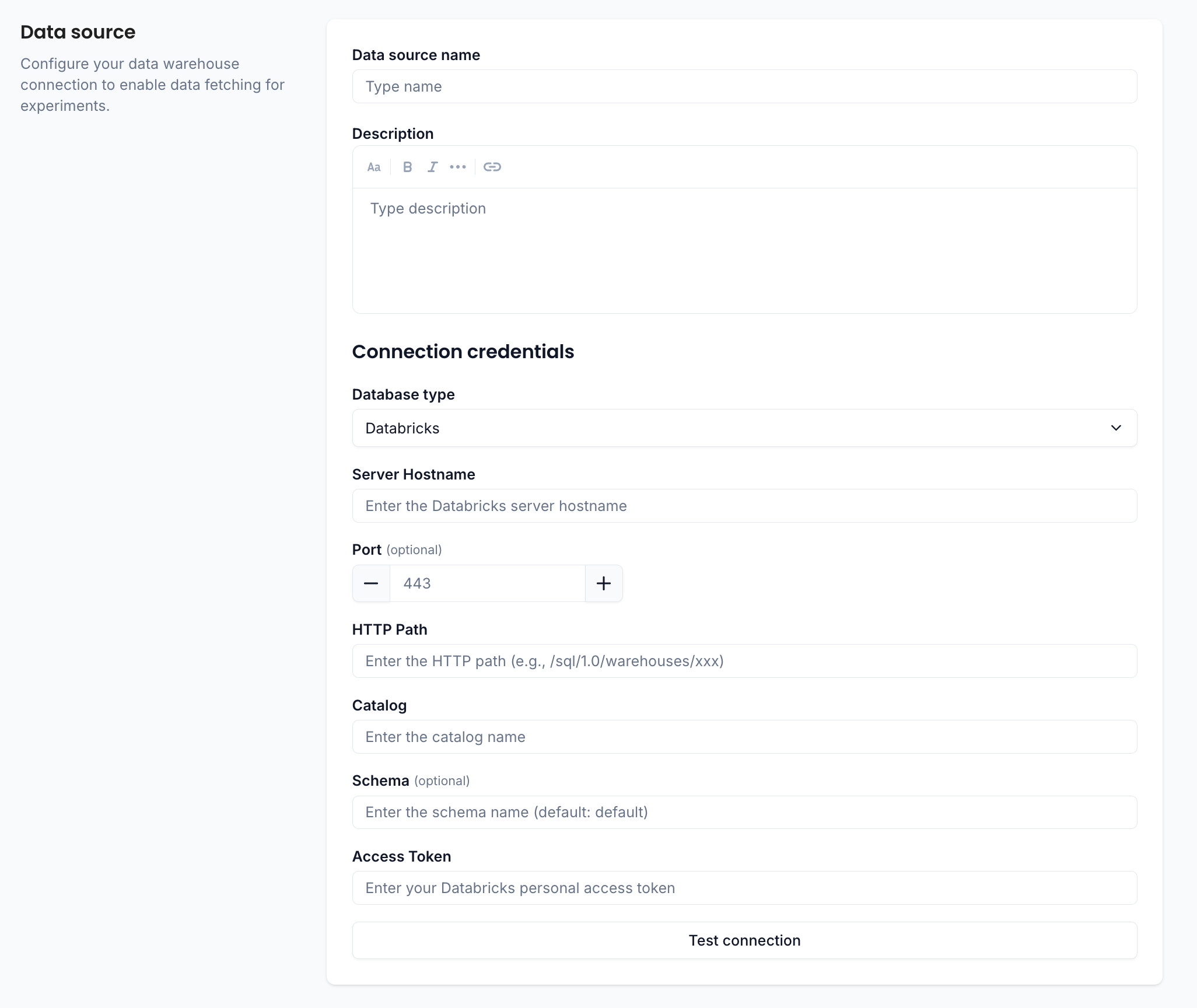 Databricks data source configuration