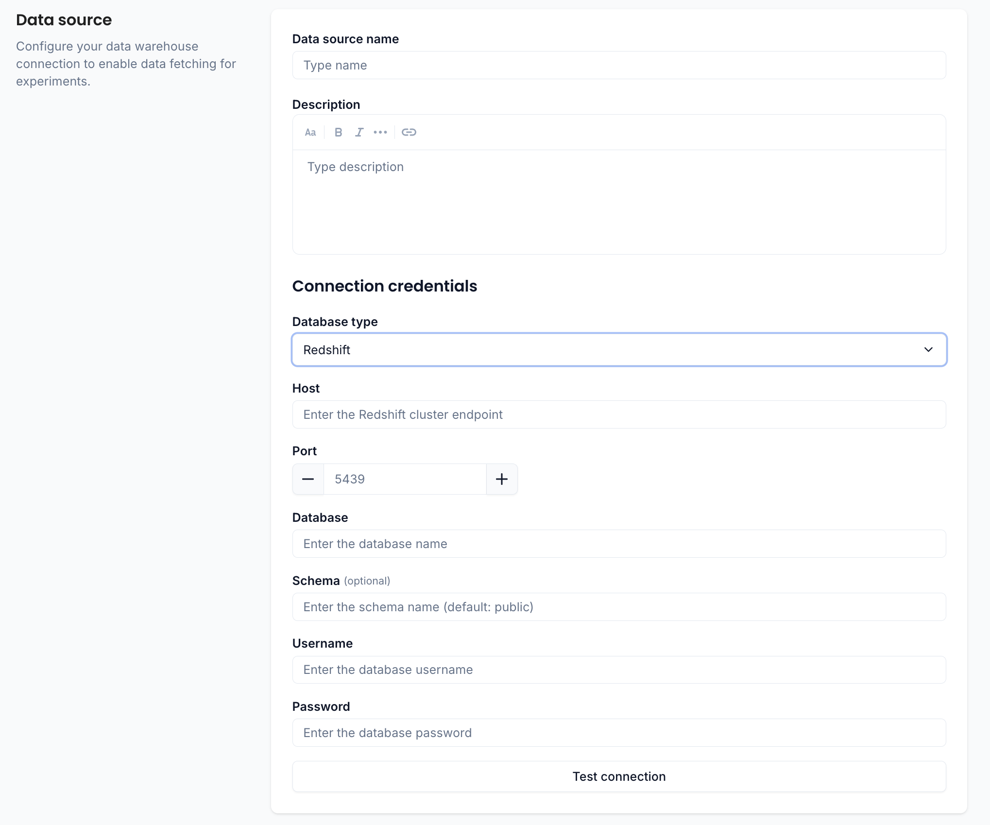 Redshift data source configuration