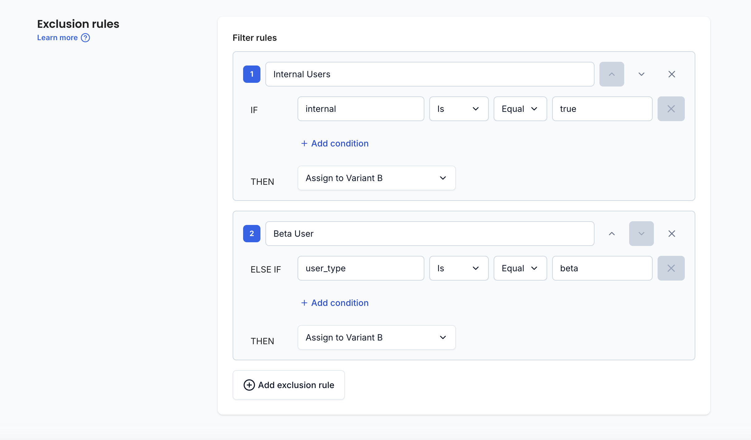 Configuring exclusion rules for an experiment
