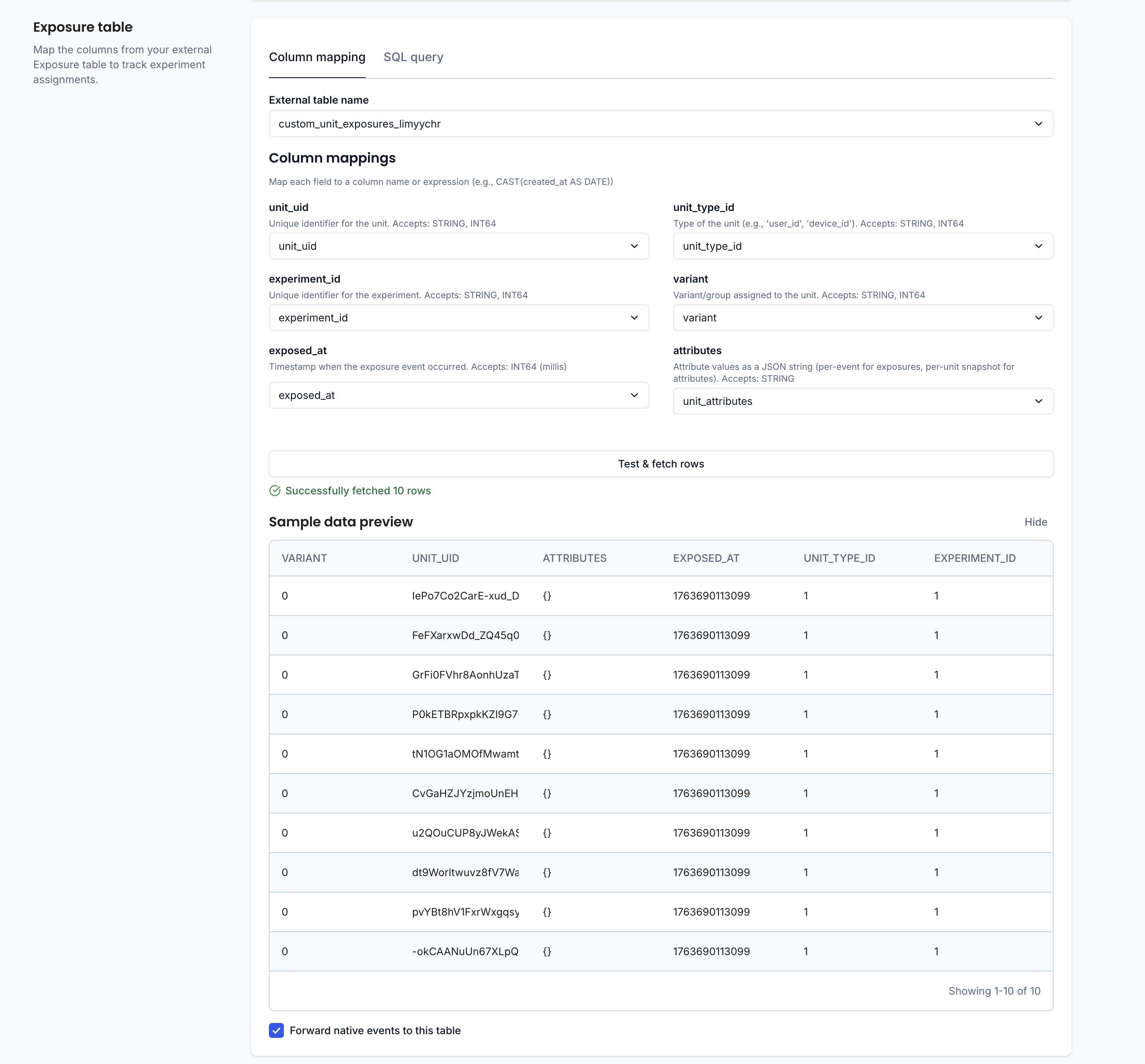 Completed exposure table mapping with sample data preview