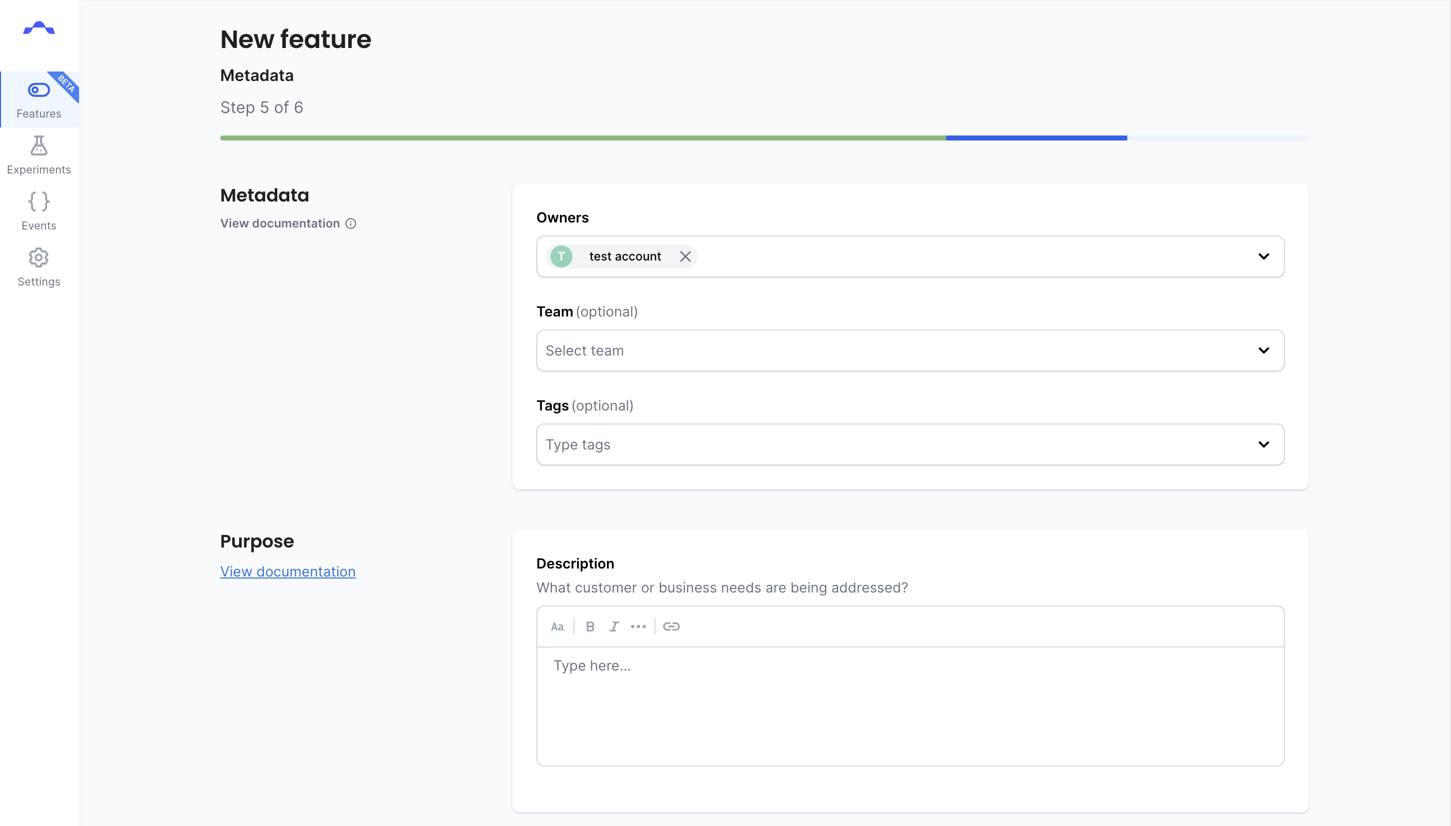 The Metadata step of the Feature Flag creation form.
