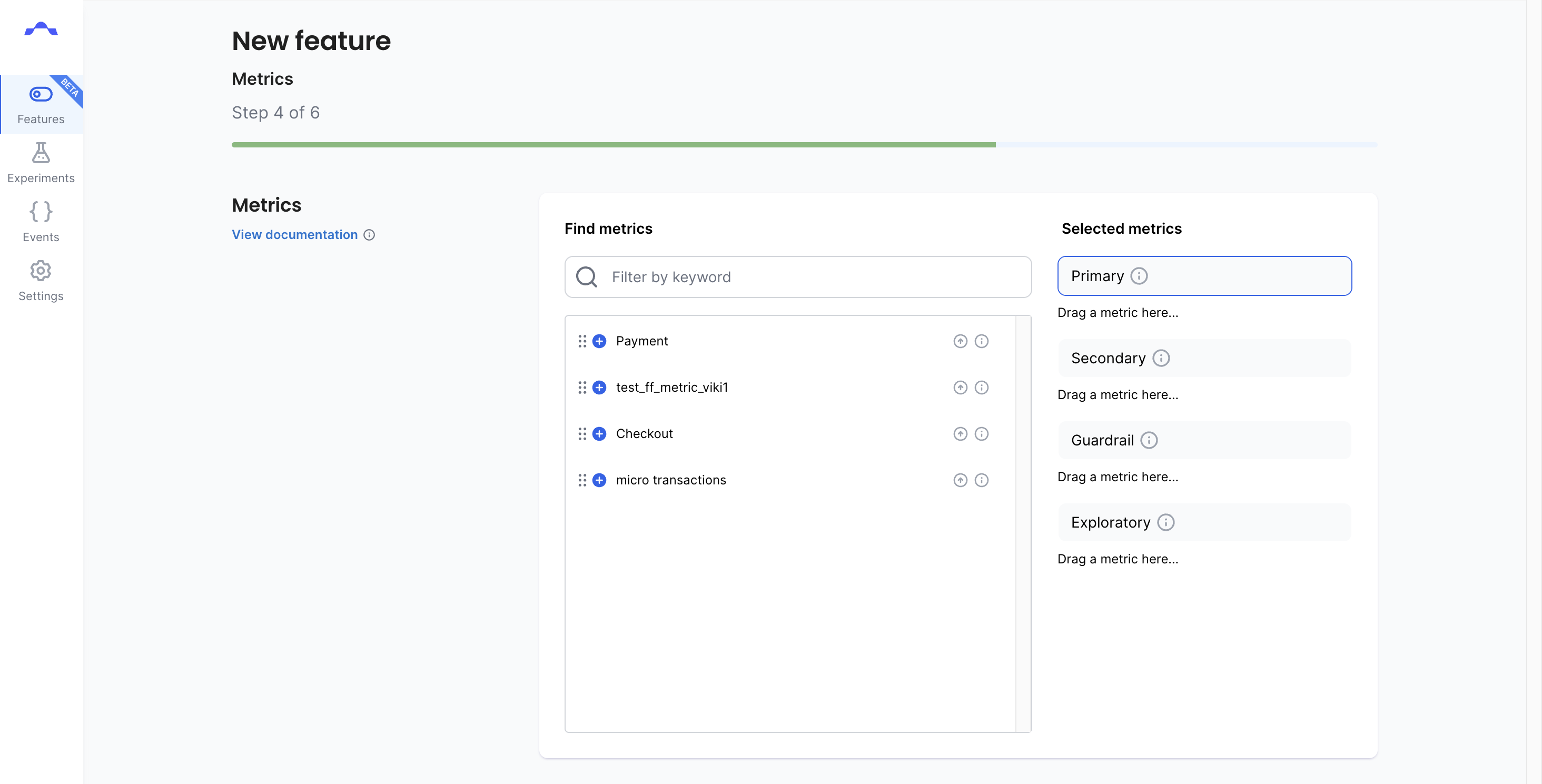 The Metrics step of the Feature Flag creation form.