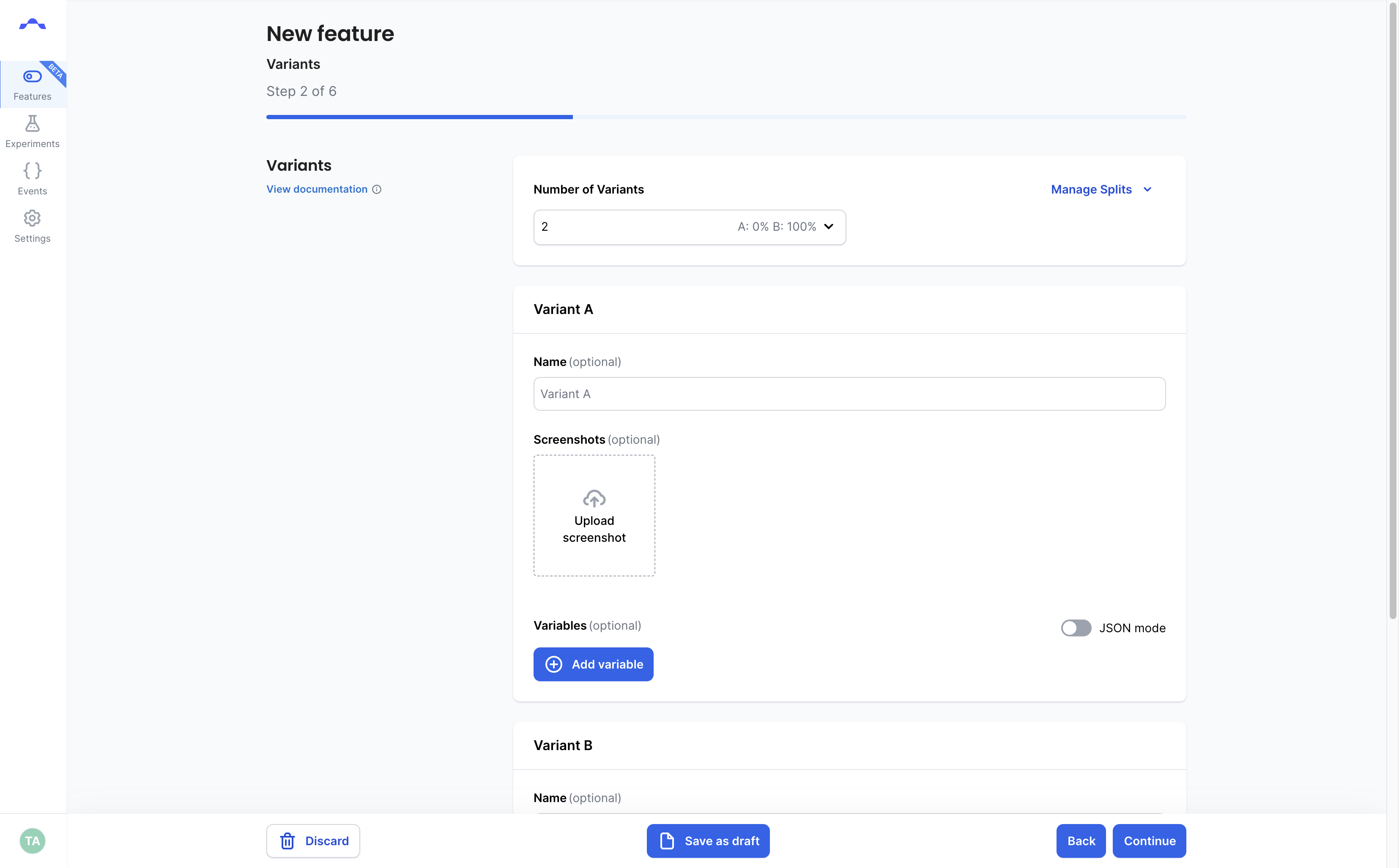 The Variants step of the Feature Flag creation form.