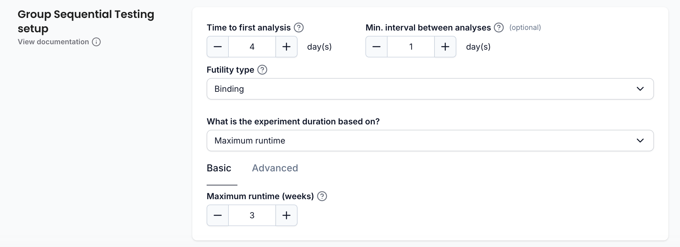 Group Sequential Testing setup