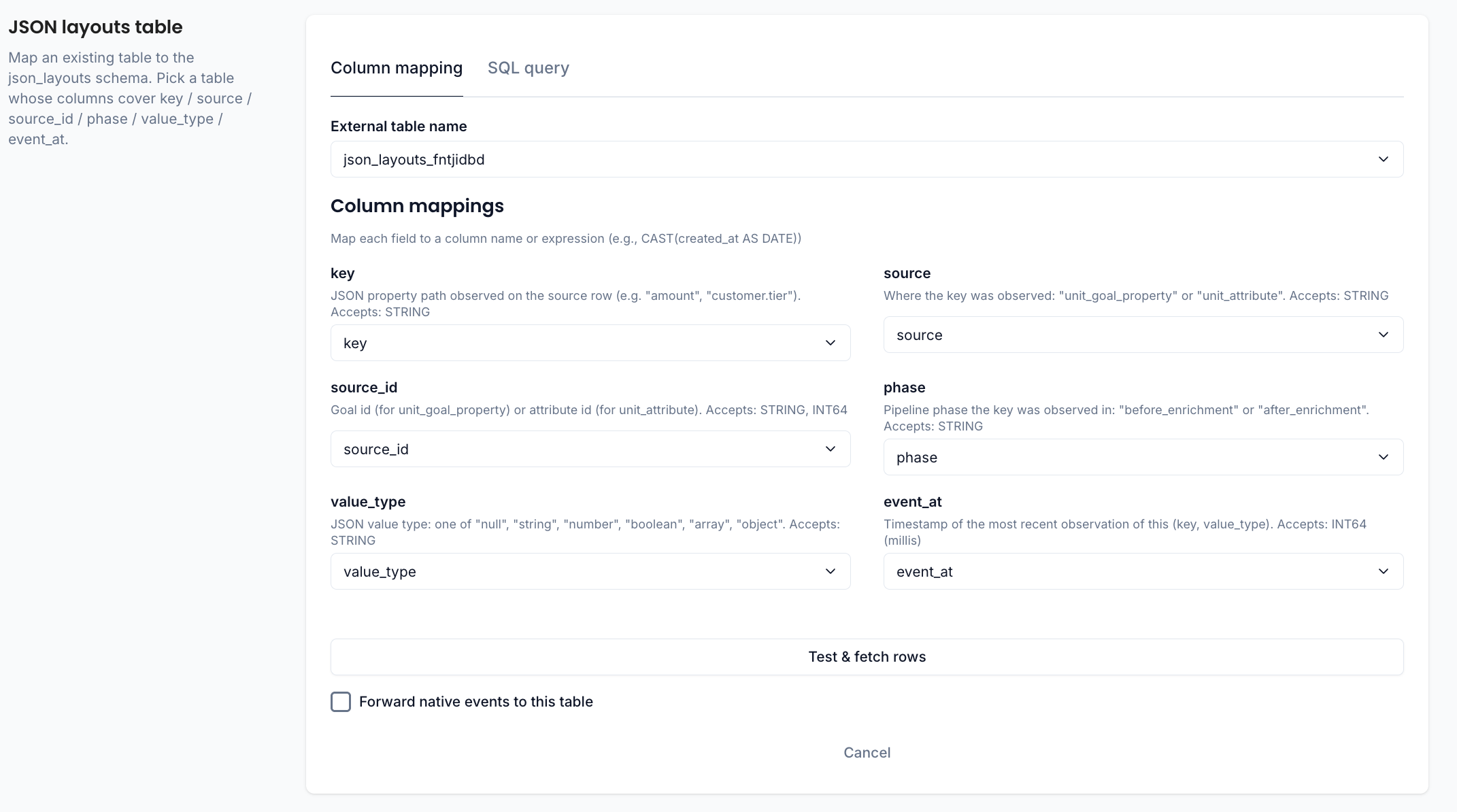 JSON layouts table column mapping