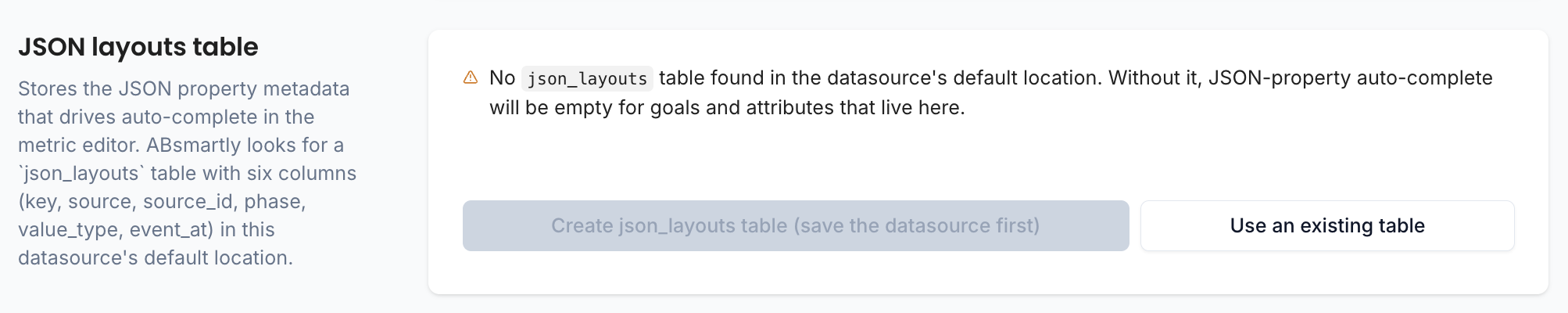 JSON layouts table not found warning