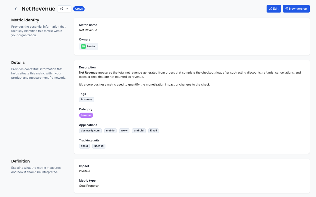 Metric view page