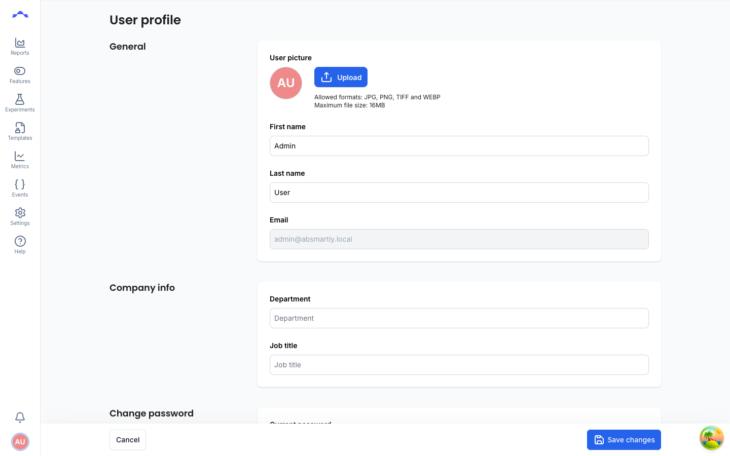 The User profile page, showing General details (user picture, first name, last name, email) and Company info fields.